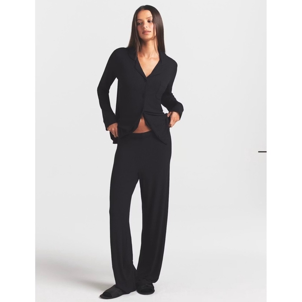 Skims Soft Lounge Sleep Set Onyx Black Ribbed Modal Long Sleeve Pants XS
